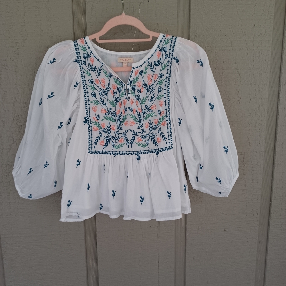 Pink Chicken Floral Embroidered Peasant Top Size XS Women Boho Feminine